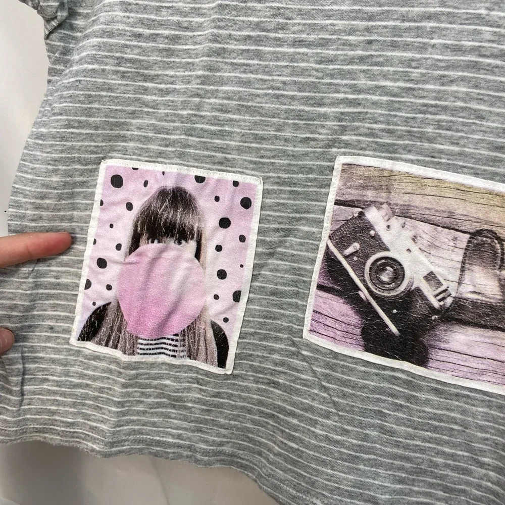 EUC Justice girl’s gray white striped photo cropped short sleeve summer shirt 14